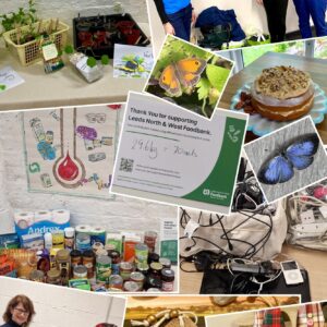 Collage highlighting Carers Leeds’ environmental and sustainability activities, including a plant and seed swap, Smart Works clothing donations, butterflies, foodbank donations, e-waste recycling, homemade cakes and handmade festive crafts.